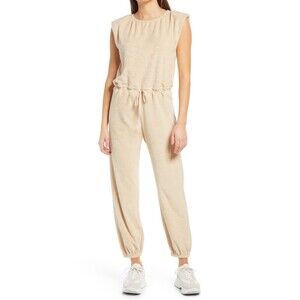 WAYF Woman's Hayden Padded Shoulder Terry Jumpsuit Beige Ecru Size XL